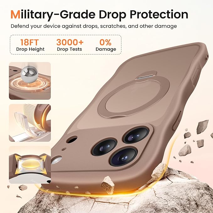 CAPRARO for iPhone 17 Pro Case with 360° Spin Magnetic Stand for Women, [Compatible with MagSafe] [Full Camera Protection] Cute Wave Translucent Matte Case for iPhone 17 Pro, Brown