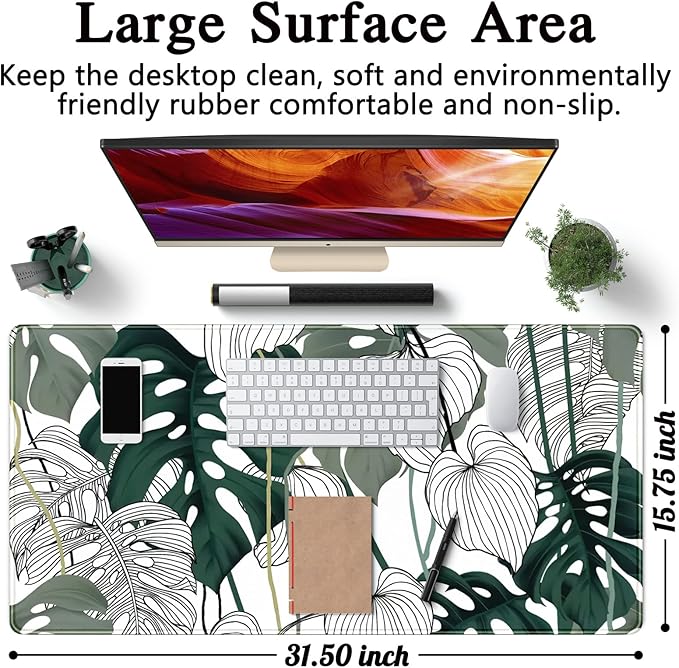 Desk Mat Green Plant Leaf Large Mouse Pad Desk Pad Tropical Boho Desk Accessories for Women Office Decor Laptop Keyboard Mouse Mat XXL Mousepad 31.5''X15.7'' Non-Slip Rubber Base with Stitched Edges