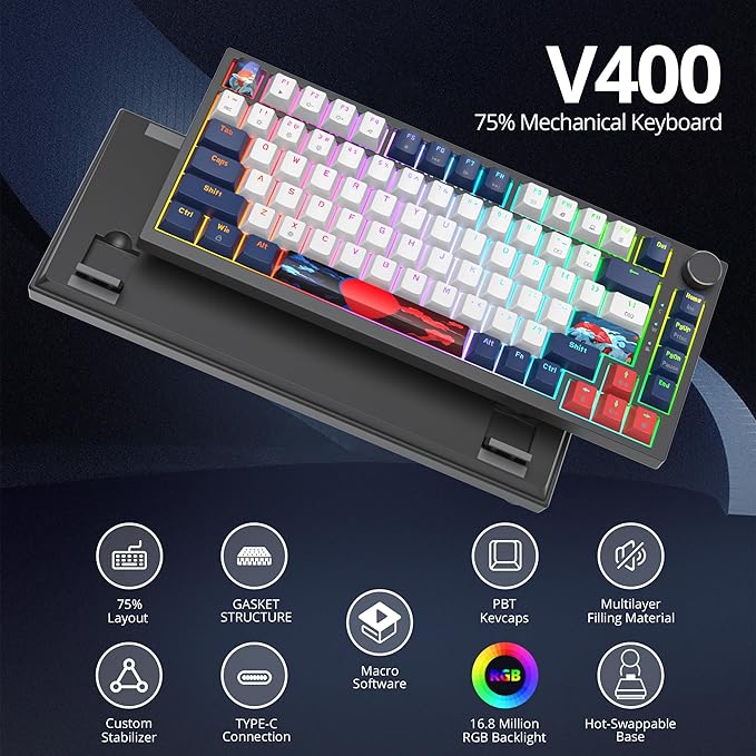 75% TKL Wired Mechanical Keyboard,RGB Backlit Gasket Mount 82 Key Hot Swappable Custom Linear Red Switch Gaming Keyboard with Volume Knob & PBT Keycaps (82 White Earth)