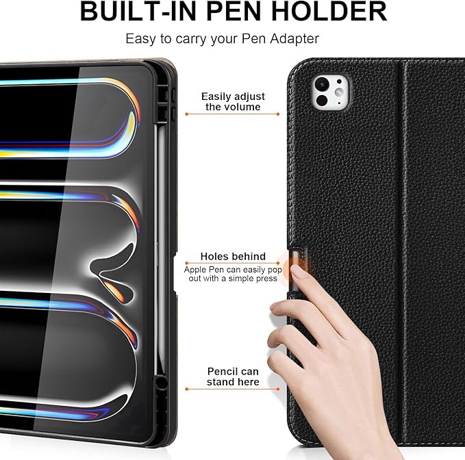 for iPad Pro 13 inch Case (M4) 2024 Release, Premium Leather Folio Cover with Auto Wake/Sleep, Apple Pencil Holder, Multi-Angle Stand & Secure Buckle Closure - Black