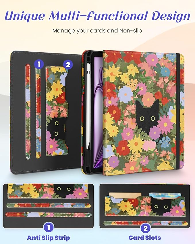 Kidcube for iPad Air 13 Inch Case (M3/M2)/for iPad Pro 12.9 Cases 6th/5th (2022/2021) - Women Girls Cute Rotating Stand Folio Cover with Pencil Holder & Card Slot Design Girly Kawaii Cat Flower Cover