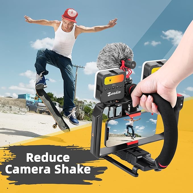 Zeadio Smartphone Camera Stabilizer, All-in-One Video Rig Kit with Phone Cage, RGB Video Light, Microphone, Action Camera Adapter, Compatible with Smartphones, Action Camera, DSLR, Cameras etc