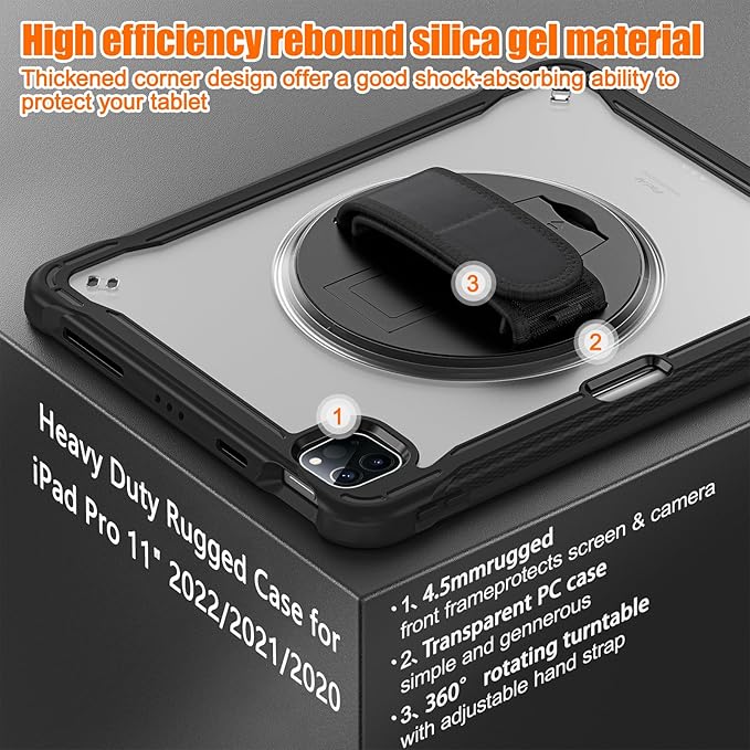 Batianda Case for iPad Pro 11-inch 2022 4th M2 Chip /2021 (3rd Generation) Heavy Duty Rugged Shockproof Tablet Cover with 360° Rotating Hand Strap Foldable Hidden Stand & Shoulder Strap, Black