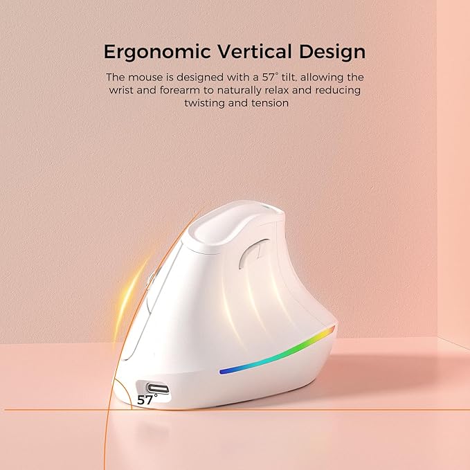 KYSONA 57° Wireless Ergonomic Mouse, Vertical Mouse, Carpal Tunnel Mouse, RGB Light, Rechargeable, Bluetooth & 2.4G, 5-Level DPI Adjustment, Quiet Click Ergo Mice Compatible with PC/Laptop/Mac, White