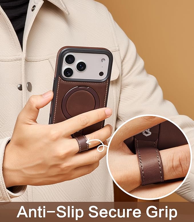Butaiga for iPhone 17 Pro Max Leather Case with Stand, Anti-Slip Grip Ring, Fits for MagSafe (Cocoa, iPhone 17 Pro Max)