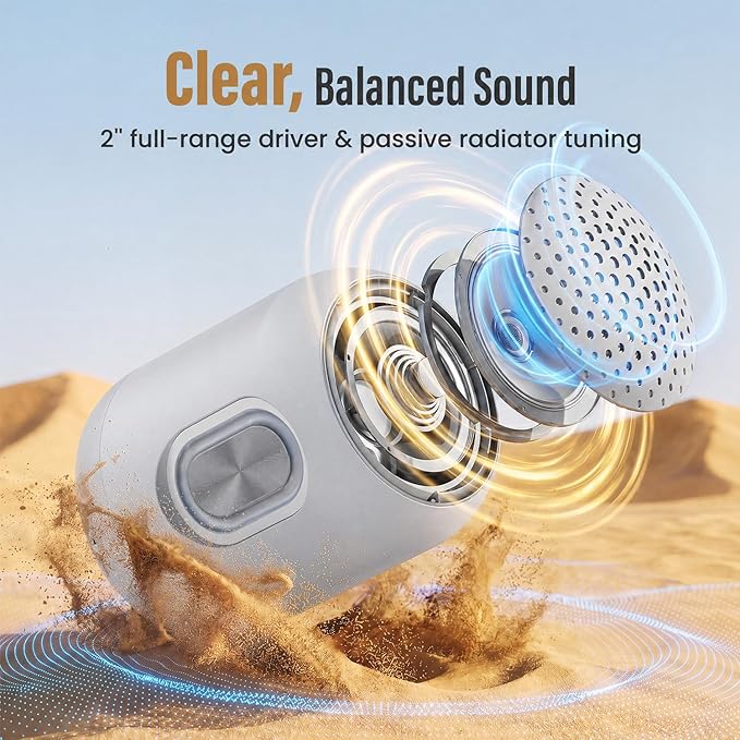 Bobtot Portable Bluetooth Speakers Wireless, Waterproof Shower Speaker with 24H Playtime, Loud Stereo Sound, TWS, Hands-Free Calling, Small Size with Carry Lanyard, LightGrey