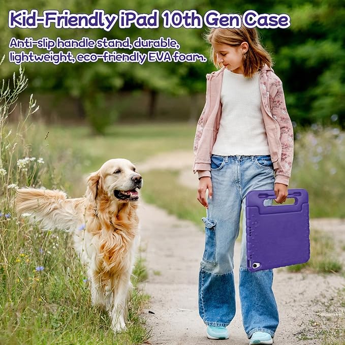 Kids Case for iPad A16 11th (2025)/iPad 10th Gen (2022) with Pencil Holder & Handle Stand, Super Protection EVA Toddler-Friendly Cover for iPad 11"(A16)/iPad 10th Generation 10.9"-Purple