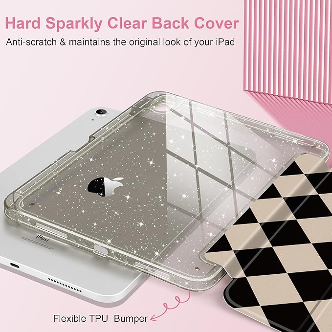 DONGKE for iPad Pro 11 inch Case – Fits M5 2025 / M4 2024, Shockproof Sparkling Glitter Acrylic Back, Pencil Holder, Trifold Stand, Auto Sleep/Wake & Touch ID Support - Argyle Pattern
