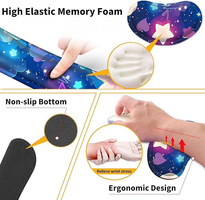 Large Mouse Pad Set 35.4 x 15.7 with Keyboard Wrist Rest, Wrist Support, and Coaster, Waterproof Memory Foam Smooth Desk Pad Mousepad for Home Office School - Pastel Rainbow Star