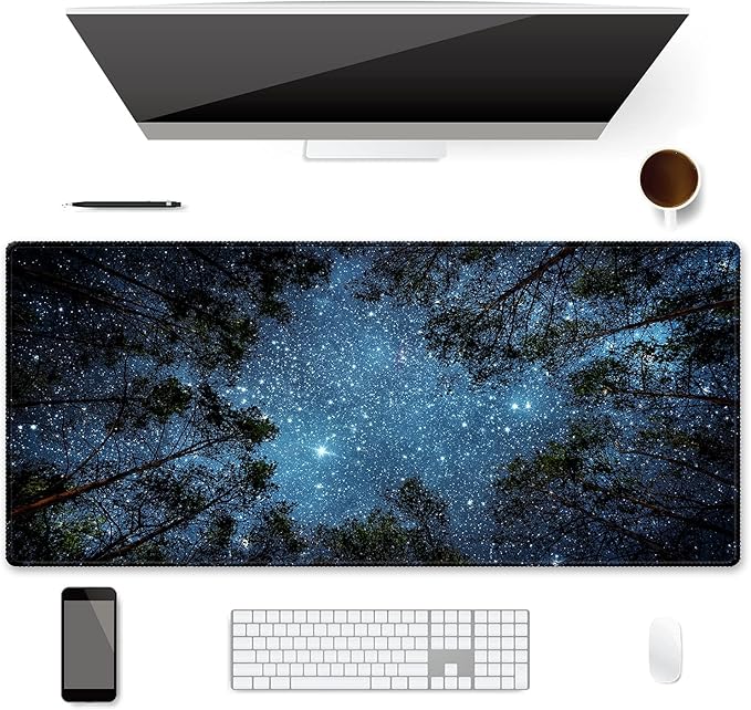 XXL Waterproof Office Desk Pad Protector 35.4x15.7 Inch - Extended Gaming Mouse Pad with Non-Slip Rubber Base, Thickened Keyboard Mat, Stitched Edges & Forest Starry Design