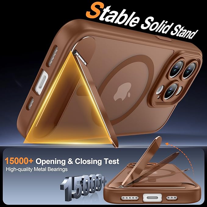 Magnetic Compatible with iPhone 15 Pro Case, [Built-in Kickstand][Full Camera Protection][Compatible with MagSafe][Anti-Fingerprint] Shockproof Phone Case for iPhone 15 Pro 6.1",Brown