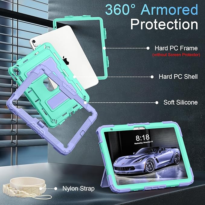 for iPad 11 Inch (A16) 11th /10th Generation 10.9 Inch iPad Case 10th Generation with Shoulder Strap,Heavy Duty Shockproof Cover for i Pad 11th/10th Gen,Purple Green