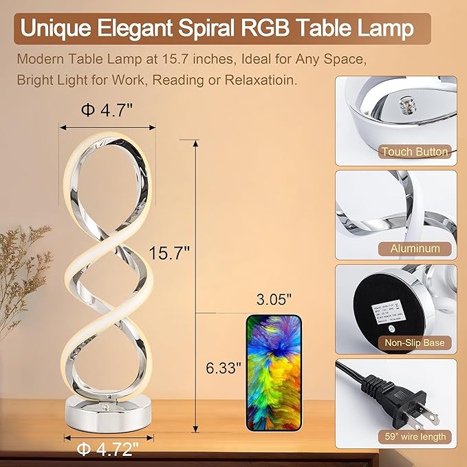 Modern Spiral RGB Table Lamp, Touch Dimmable Bedside Lamp, 7 Colors 10 Light Modes Spiral Design Table Lamp, Unique Nightstand Lamp for Living Room, Bedroom, Cool Lamps, Silver
