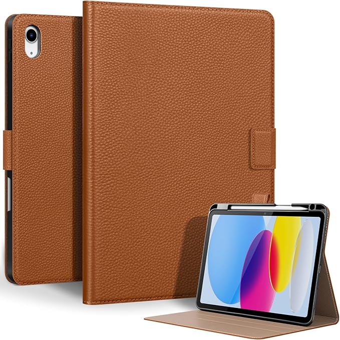 Genuine Leather Case for iPad 11th Gen 11" (2025/A16) & 10th Gen 10.9" (2022) | with Pencil Holder and Adjustable Stand, Magnetic Closure, Auto Wake/Sleep Cover | Brown
