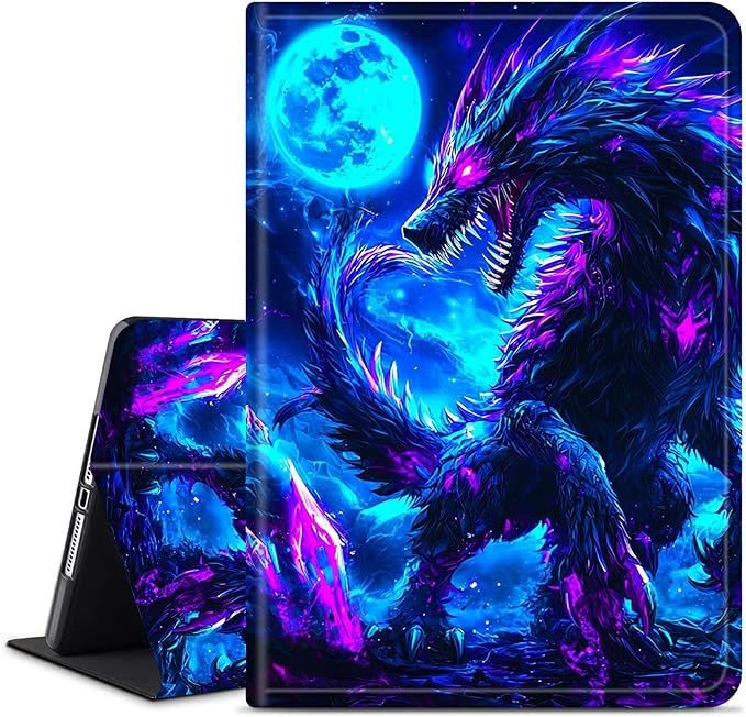 for Amazon Kindle Fire HD 10 (9th/7th/5th Generation, 2019/2017/2015 Release) 10.1" Tablet Case, Slim Kickstand Stand Leather Smart Cover with Auto Wake/Sleep, Blue Moon Dragon