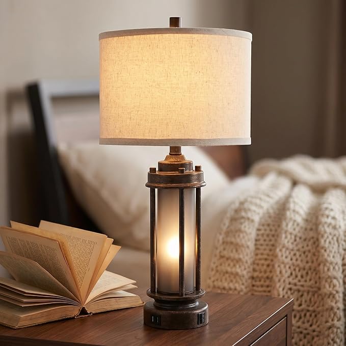 25'' Farmhouse Table Lamp with 2 USB Charging Ports, Rustic Vintage Nightstand Lamp with Frosted Glass Nightlight, Retro Desk Lamp for Living Room Bedroom End Table Entryway, 2 Bulbs Included