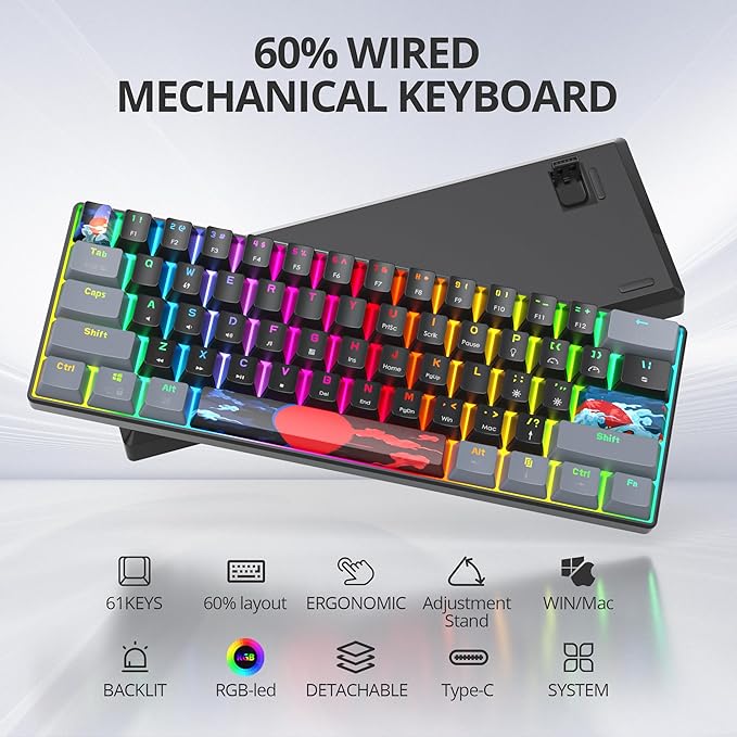 Protable 60% Percent Gaming Keyboard Mechanical, Mini Compact RGB Backlit 61 Keys Wired Office Keyboard with Blue Switch for Mac/Win (Dark/Blue Switch)