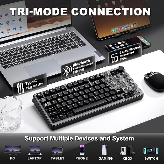 YUNZII B75 PRO MAX QMK/VIA Wireless Mechanical Keyboard,75% Layout with Screen and Knob,Custom Hot Swap Gasket,Creamy Pre-lubed Switches,Bluetooth/Type-C/2.4G for Win/Mac (Black,Milk V2 Switch)
