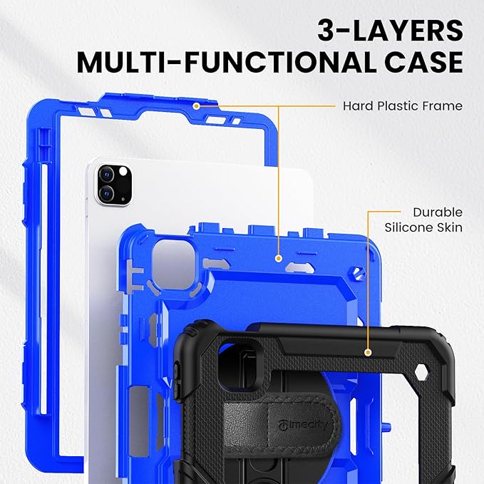 Timecity Case for iPad Pro 11 inch 4th Generation 2022, Shockproof Case with Screen Protector &Pencil Holder+Rotating Stand+Handle for iPad Pro 11 2021/2020/2018 (3rd, 2nd, 1st Gen) - Dark Blue