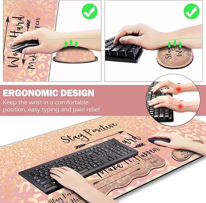 Extended Gaming Mouse Pad, Keyboard Wrist Rest Pad, Wrist Support Mousepad Set, Artso Large Rubber Base Stitched Edges Desk Pad (35 x15.5 in) for Work, Game, Office, Home, Pink Orange Stay Positive