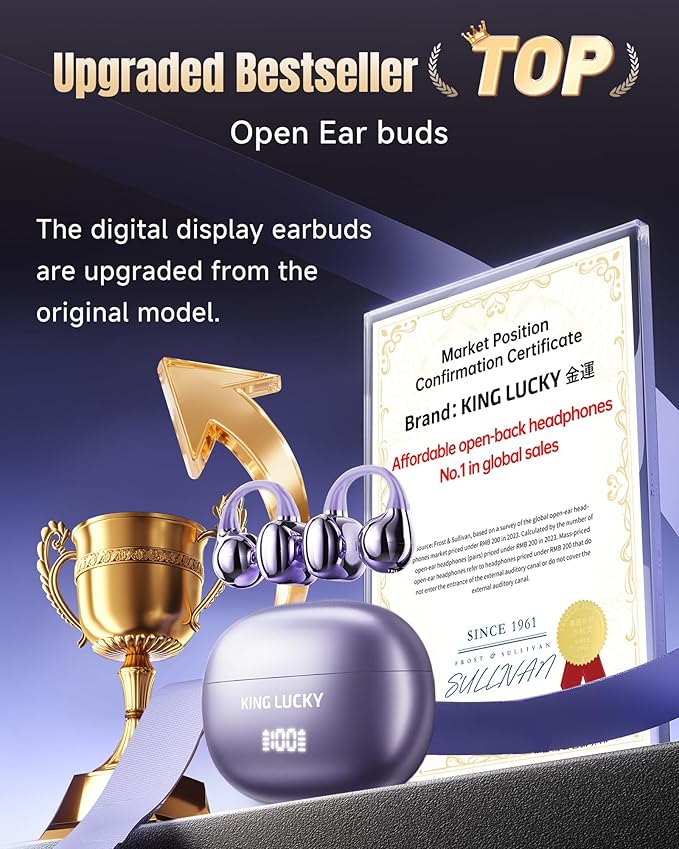 King Lucky Clip-On Earbuds Gen 3, Open-Ear Wireless Bluetooth 6.0 Headphones with Mic, Secure Fit for Small Ears & Glasses Wearers, 50H Playtime, LED Digital Display, ENC, IPX5 Waterproof (Purple)