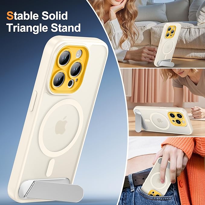 Magnetic Compatible with iPhone 15 Pro Case, [Built-in Kickstand][Full Camera Protection][Compatible with MagSafe][Anti-Fingerprint] Shockproof Phone Case for iPhone 15 Pro 6.1",Beige & Yellow