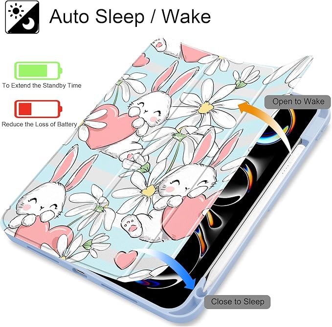 May Chen for iPad Pro 13 Inch Case M5 2025 / M4 2024, Built Pencil Holder & Clear Transparent Print Back Shell Slim Stand Shockproof Tablet Cover, Auto Wake/Sleep, Heart Rabbits