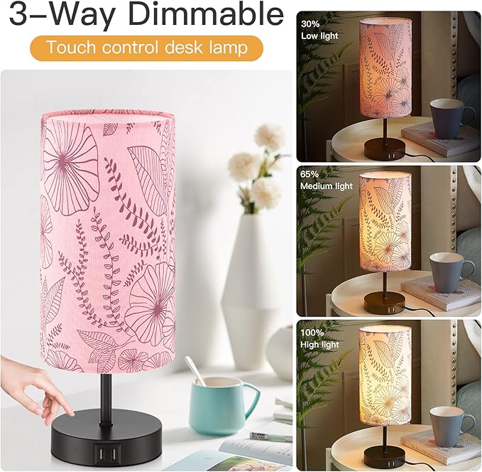 CINSARY Touch Control Bedside Lamp with 2 USB Ports, 3-Way Dimmable Table lamp for Bedroom, Nightstand Lamp with Round Pink Flower Fabric Shade for Living Room Home Office (E26 LED Bulb Included)