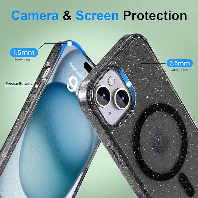 Tigowos for iPhone 15 Glitter case Fits MagSafe Anti-Stain Non-Yellowing Shockproof Impact Case Fits iPhone 15 Phone Cases 6.1", Glitter Black