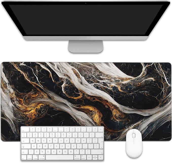 Golden Black Marble Large Gaming Mouse Pad,Waterproof Desk Mat for Desktop,Non-Slip Rubber Base Mousepad with Stitched Edges for Laptop Office and Home 35.4X15.7 Inch