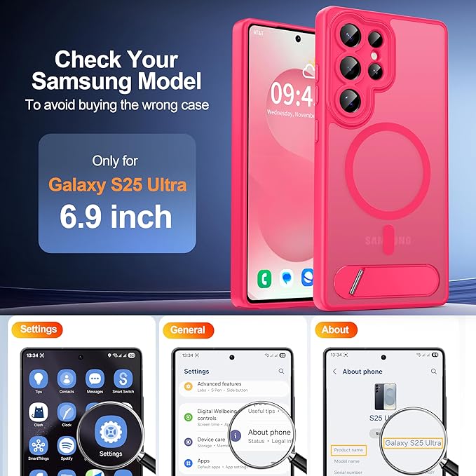 Magnetic for Samsung Galaxy S25 Ultra Case, [Compatible with MagSafe][Full Camera Protection][Built-in Invisible Kickstand] Translucent Matte Phone Case for S25 Ultra 6.9" - Hot Pink