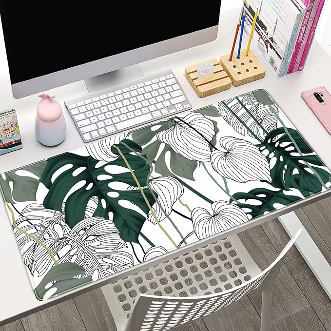 Desk Mat Green Plant Leaf Large Mouse Pad Desk Pad Tropical Boho Desk Accessories for Women Office Decor Laptop Keyboard Mouse Mat XXL Mousepad 31.5''X15.7'' Non-Slip Rubber Base with Stitched Edges