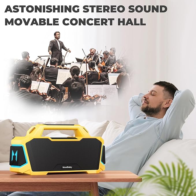 Musibaby Bluetooth Speaker,80W Portable Bluetooth Speaker with Deep Bass,Loud Stereo Sound,IPX6 Waterproof,24H+ Playtime,USB/TF/AUX,Dual Pairing Party Speaker for Outdoor,Beach,Patio (Yellow)