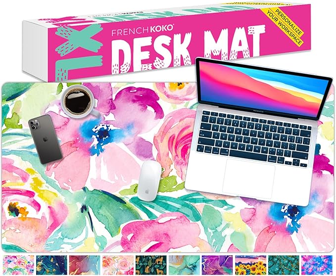French KOKO Large Mouse Pad Desk Mat Desk Pad Keyboard School Essentials Office Decor Big Extended Laptop Protector Computer Accessories Pretty Mousepad Women Girls Pink Flowers XL Gift
