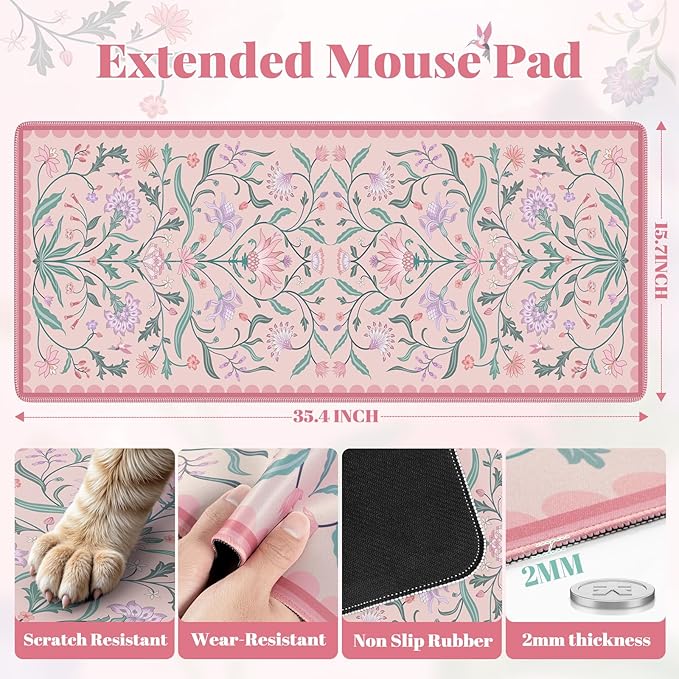 iLeadon Desk Mat Pink, Large Floral Mouse Pad for Desks with Smooth Lycra Surface, Long Full Desk Mouse Cushion for Laptop, Keyboard Mat for Office, Home, Light Pink