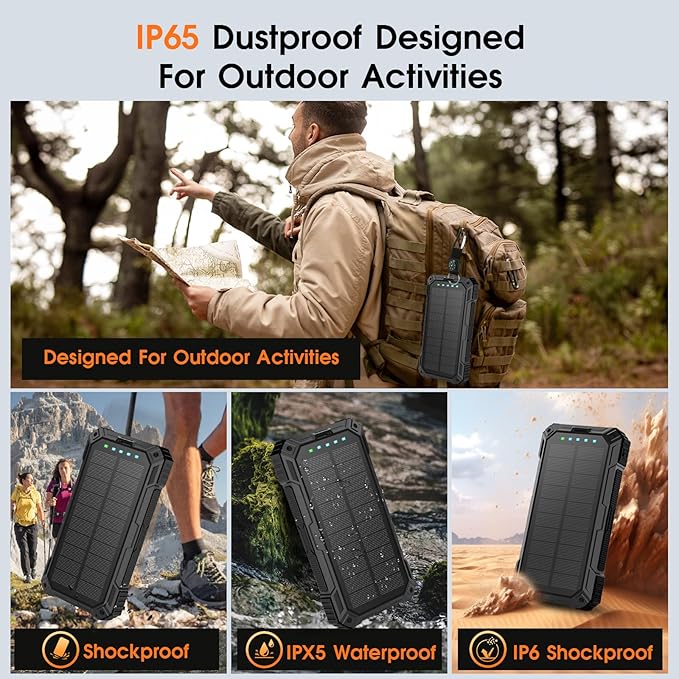 Solar Power Bank,49800mAh Wireless Portable Phone Charger with 4 Built-in Cables,22.5W Fast Charging External Battery Pack PD 3.0 USB-C In/Output for iPhone,Android,iPad,Perfect for Camping/Hiking