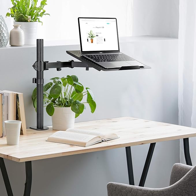 Mount-It! Laptop Desk Mount with Pole, Height Adjustable Laptop Stand Mount for Desk with Vented Tray, Full Motion Laptop Arm for 11–17 Inch Laptops, 22 lb Capacity, Clamp or Grommet Base