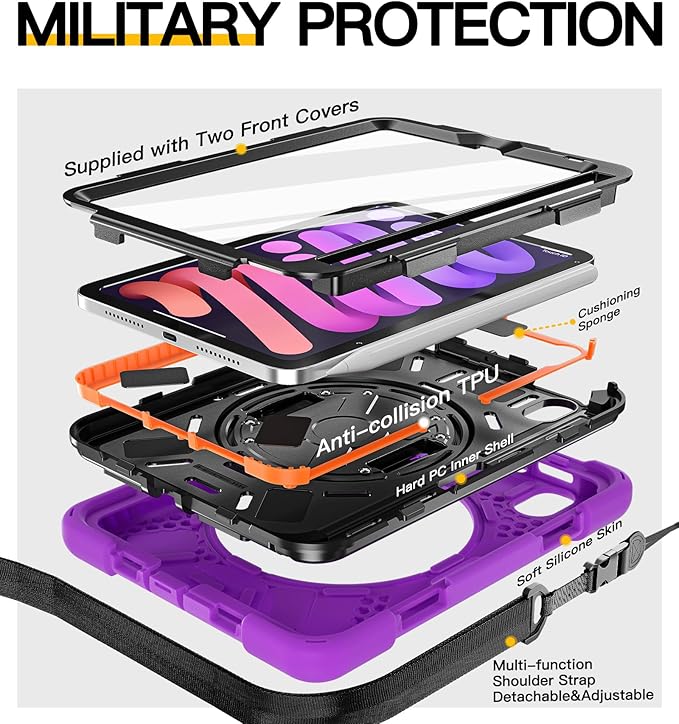 BRAECN for iPad mini 7(A17 Pro)/ 6 case 2024/2021 8.3 inch Heavy Duty Shockproof Protective with Pencil Holder Screen Protector 360°Rotating Stand Handle Full Body Cover Shoulder Strap Kids Friendly