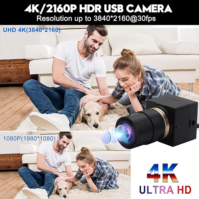UHD 4K 30fps 2.8-12mm Varifocal Zoom Lens Mini Webcam, Plug and Play, Low Power Consumption USB Camera, Support OPENCV for Windows/Linux/Raspberry Pi/Mac