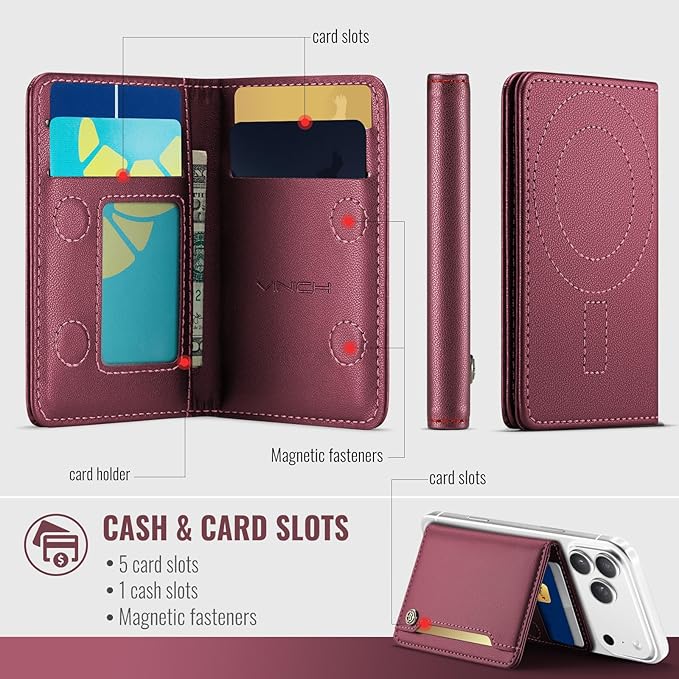 Vinich for Magsafe Wallet Magnetic RFID Blocking Card Holder Compatible with MagSafe Phones and Cases, Strong Magnet Minimalist Phone Wallet for iPhone 17/16/15/14/13/12/Pro/Max/Plus, Wine Red