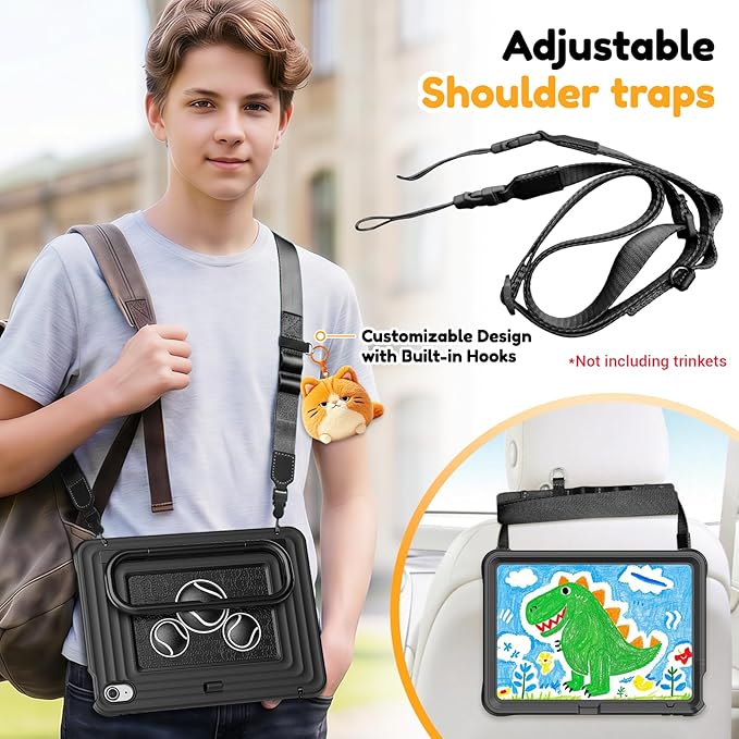 KAIJIAbox Kids Case for iPad A16 11th Generation 11 inch 2025/10th Generation 10.9” 2022- Military-Grade Rugged Drop Protection with Metal Handle/Stand, Screen Protector,Shoulder Strap-Black