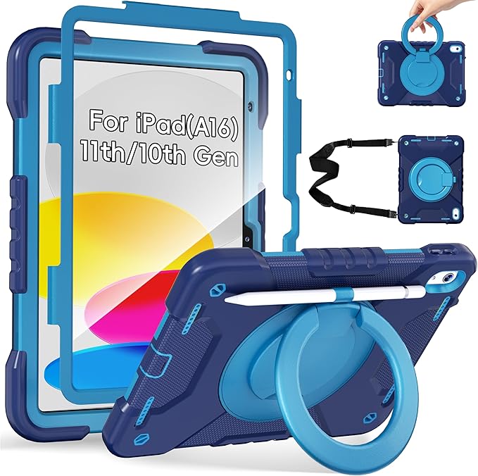 Andnary Case for iPad (A16) 11th Generation 11 inch 2025/10th Generation 10.9 inch 2022, Shockproof Cover with Screen Protector/360° Rotate Handle/Bracket/Pen Holder/Shoulder Strap (Navy+Blue)