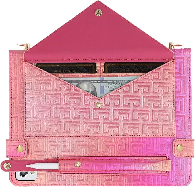 Shiny Case for iPad 9th 8th 7th Gen 10.2"/iPad Air 2019/iPad Pro 10.5, Techcircle Crossbody Iridescent Folio Stand Wallet Case with Pencil Holder+Card Slots+Hand Strap+Shoulder Strap, Shiny Rose Pink