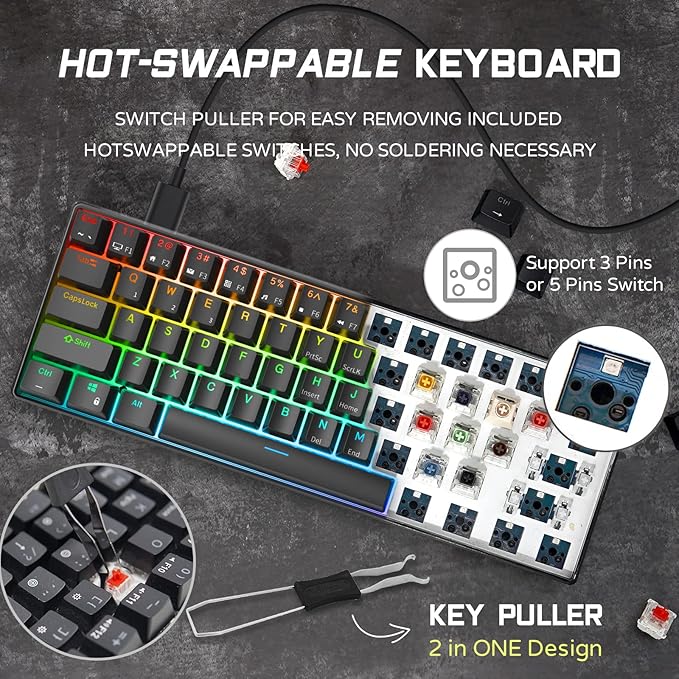RK ROYAL KLUDGE RK61 Wired 60% Mechanical Gaming Keyboard Programmable QMK/VIA RGB Backlit 61 Keys Ultra-Compact Hot Swappable Blue Switch Black