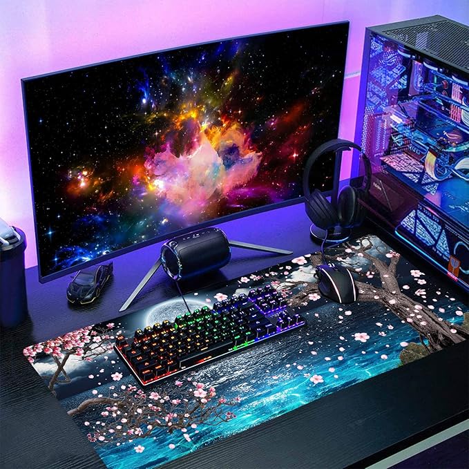 Pink Cherry Blossom Gaming Mouse Pad XXL Sakura Tree Blue Ocean Moon Night Extended Big Large Desk Mat Non-Slip Rubber Base Stitched Edge Long Keyboard Mousepad for PC Computer Laptop,35.4×15.7 in