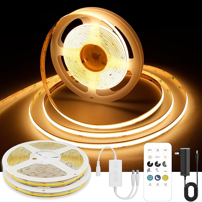AXMOTUT 65.6ft COB LED Strip Light Warm White, High Bright LED Strips with 320LEDs, RF Remote and UL Power Supply, 2700K Dimmable LED Lights for Bedroom,Kitchen, DIY Home Decoration, 2 Rolls of 32.8ft