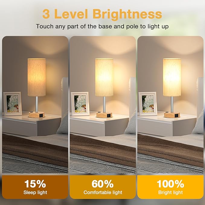 Touch Bedside Table Lamps Set - 3 Way Dimmable Bedroom Lamps Set of 2 with USB C and A Ports, Small Lamps for Nightstand with AC Outlet, Wood Base Round Flaxen Shade for Desk, Office, Dorm, Nursery