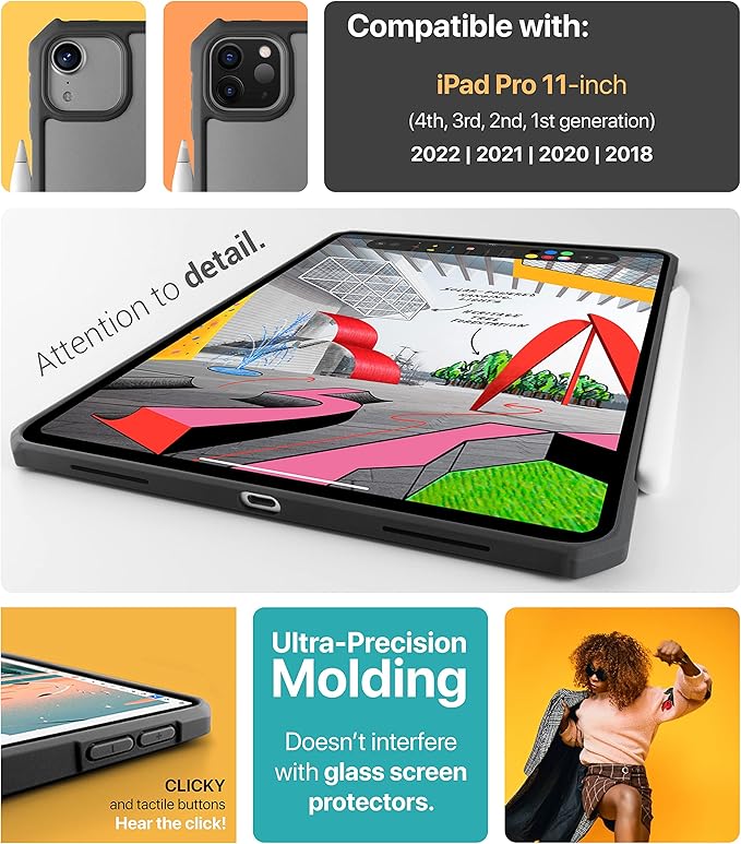 TineeOwl iPad Pro 11 inch Case 2022, 2021, 2020, 2018 (4th, 3rd, 2nd, 1st Generation) Ultra Thin, Clear Back, Flexible TPU Absorbs Shock, Supports Apple Pencil Wireless Charging (Black/Clear Back)