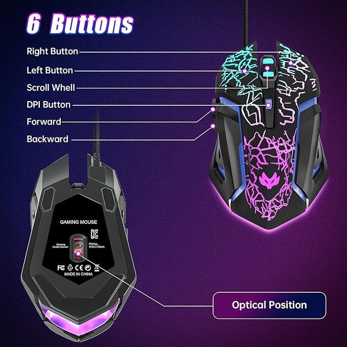 Gaming Mouse, 4 DPI Settings Up to 3600 DPI, Light Up RGB Ergonomic Optical Gaming Mice for Laptop/mac, Computer Wired USB Mouse, 7 Colors LED Backlight, 6 Buttons-Black