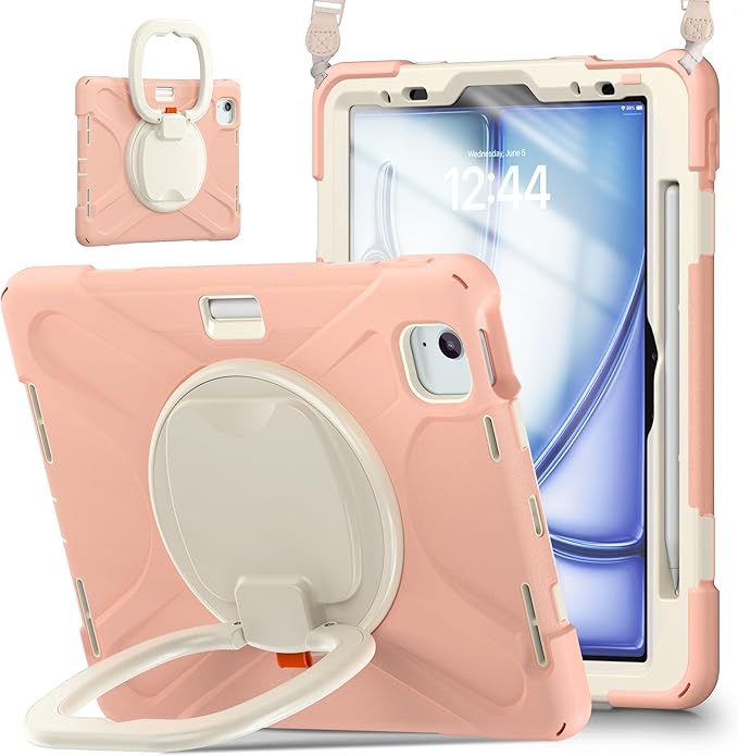 TSQQST Case for iPad Air 11 Inch M4 2026/M3 2025/M2 2024, Cover for iPad Air 5th 4th Generation 10.9"/Pro 11 4th/3rd/2nd/1st Heavy Duty Shockproof Case w/Screen Protector+Handle Grip+Strap, Gold